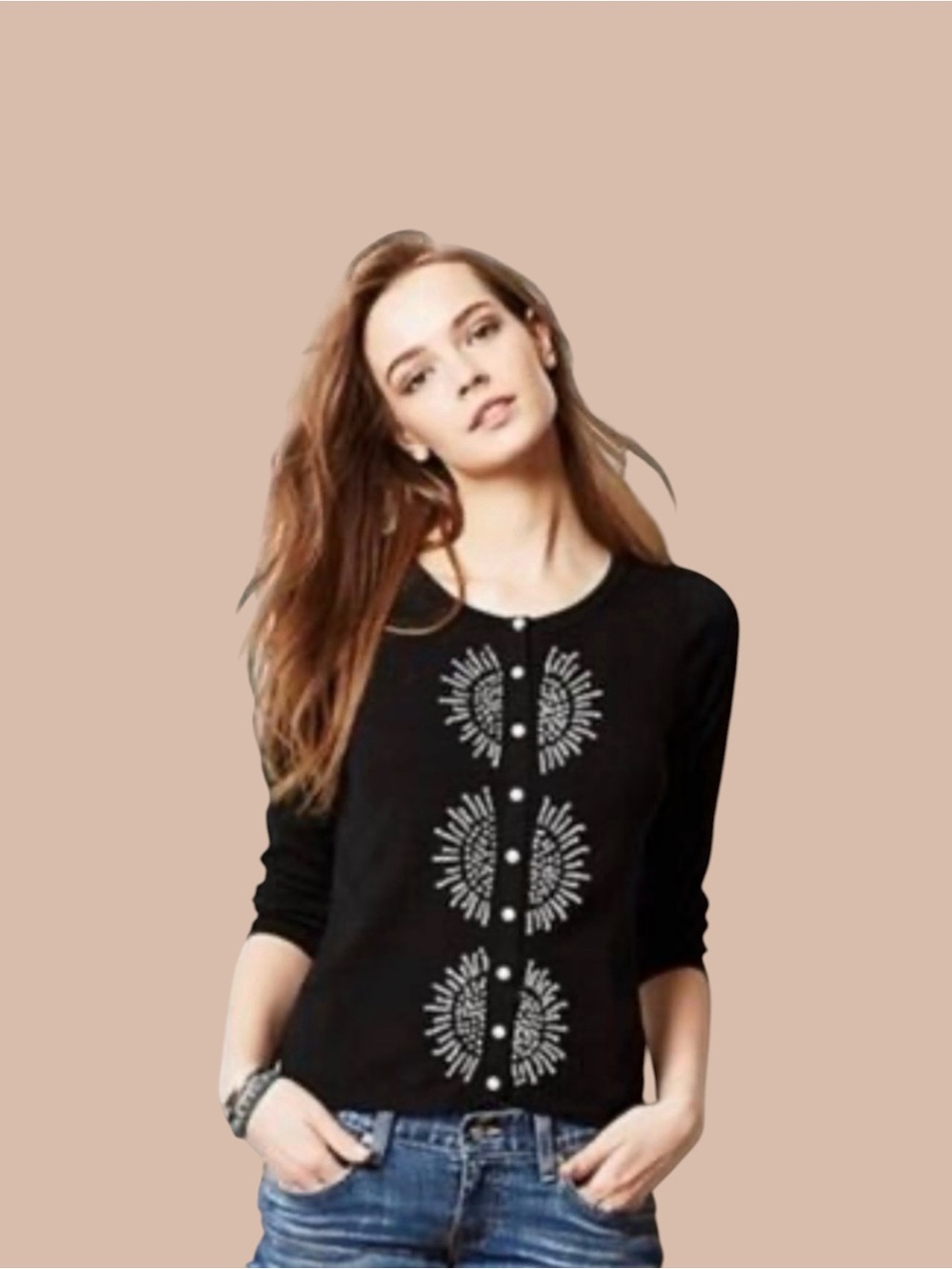 Anthropologie HWR Black Embellished Cardigan Size S Beaded Button Front